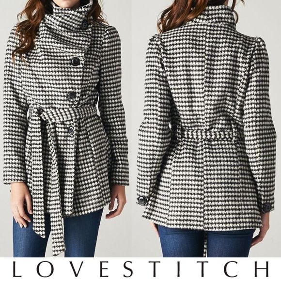 Love Stitch Jackets & Blazers - NWT Love Stitch Funnel Neck Houndstooth Coat Med